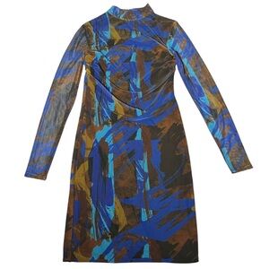 PrettyLittleThing 6 Long Sleeve Mesh Bodycon Dress Ruched Abstract Blue Brown